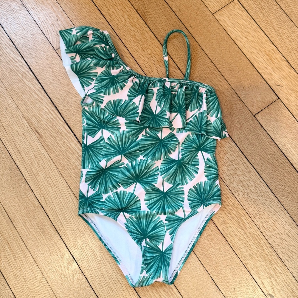 Janie and Jack Green and White One-Shoulder Swimsuit